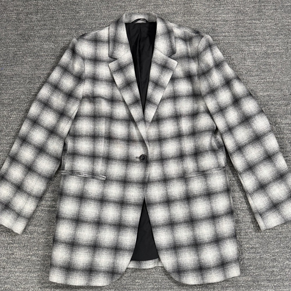 Coz Blazer Women 12 Gray Shadow Plaid Wool Blend Career Preppy Business Jacket
